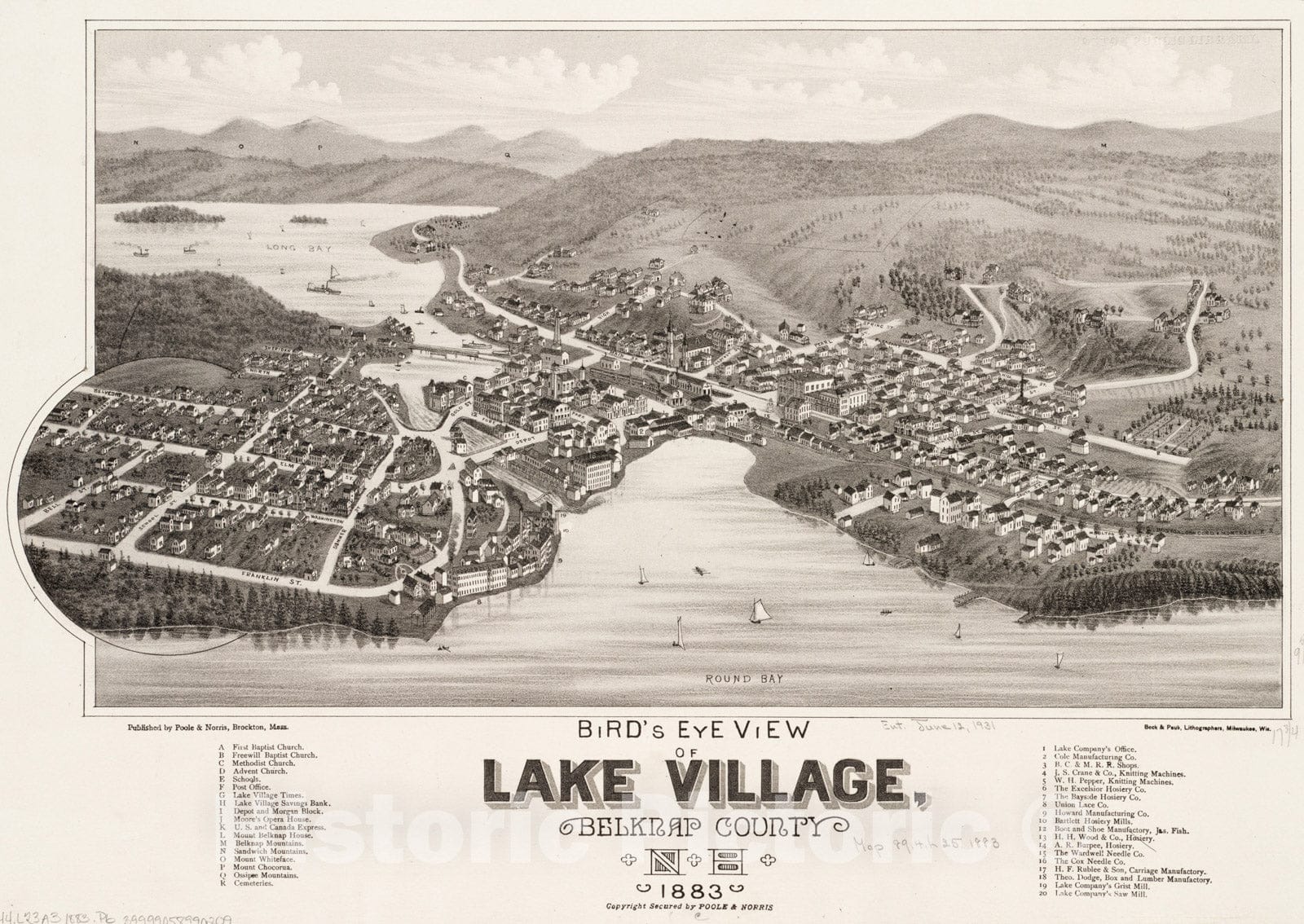 Historical Map, Bird's Eye View of Lake Village, Belknap County, N.H : 1883, Vintage Wall Art