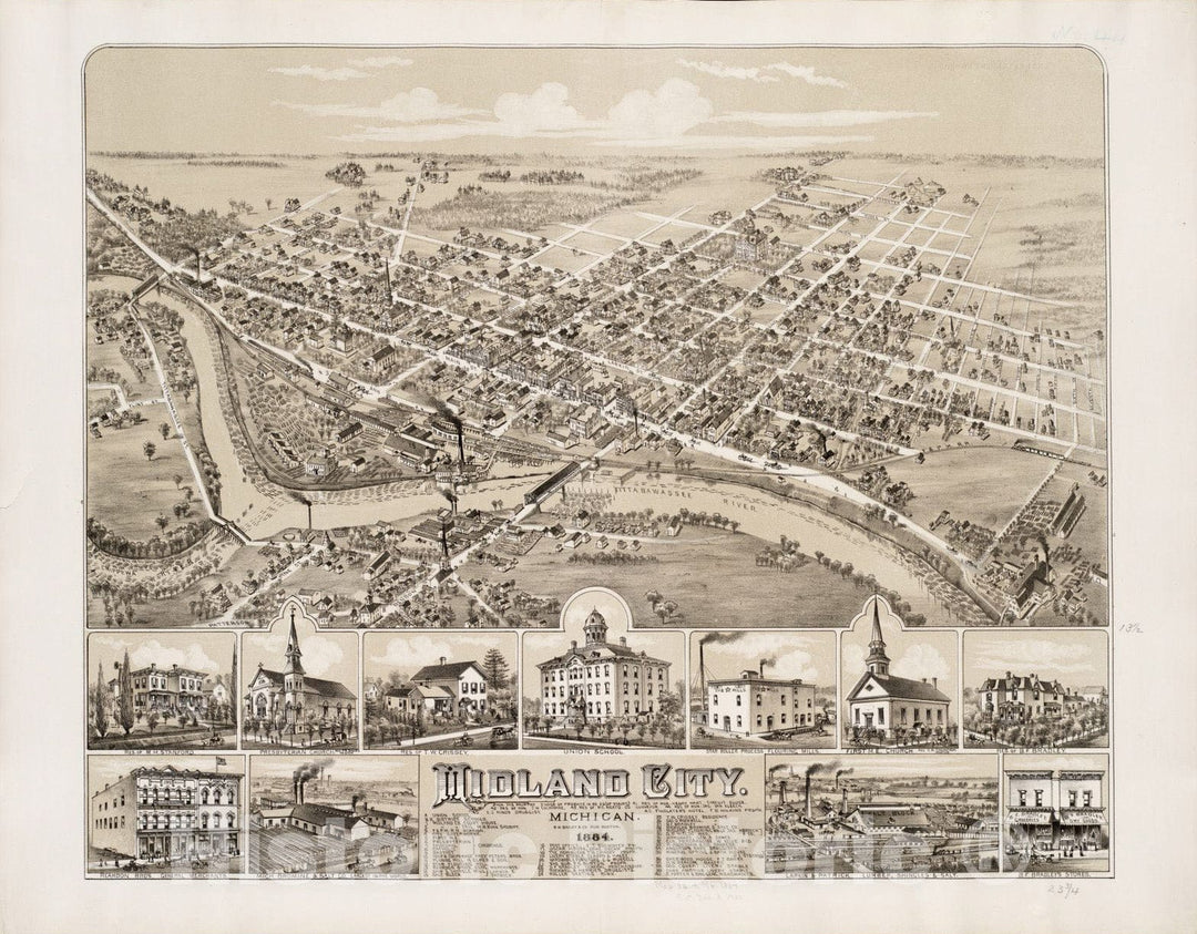 Historical Map, Midland City, Michigan : 1884, Vintage Wall Art