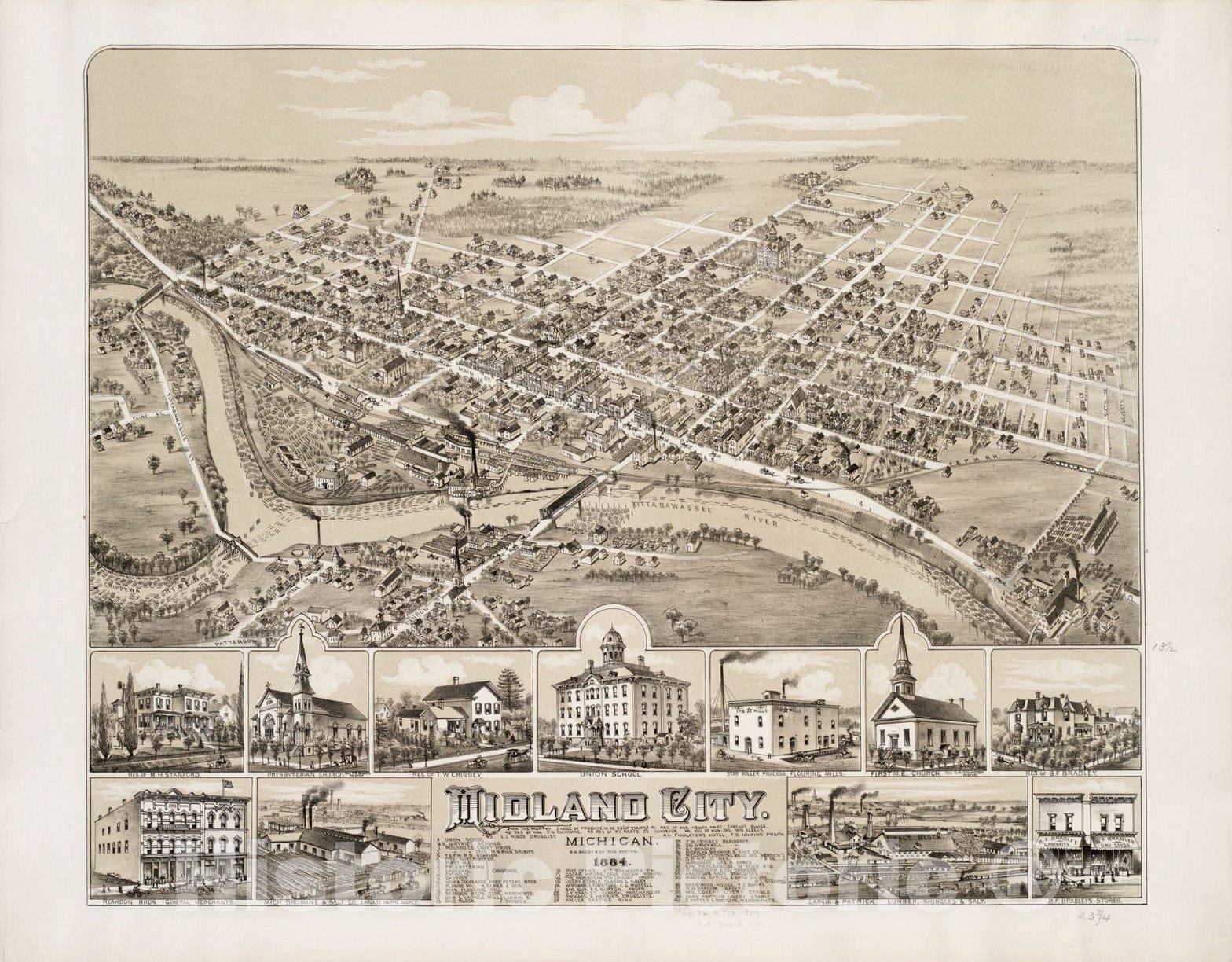 Historical Map, Midland City, Michigan : 1884, Vintage Wall Art