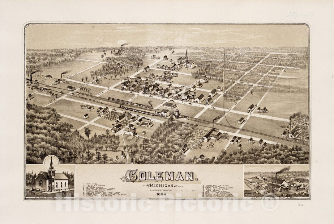 Historical Map, Coleman, Michigan : 1884, Vintage Wall Art