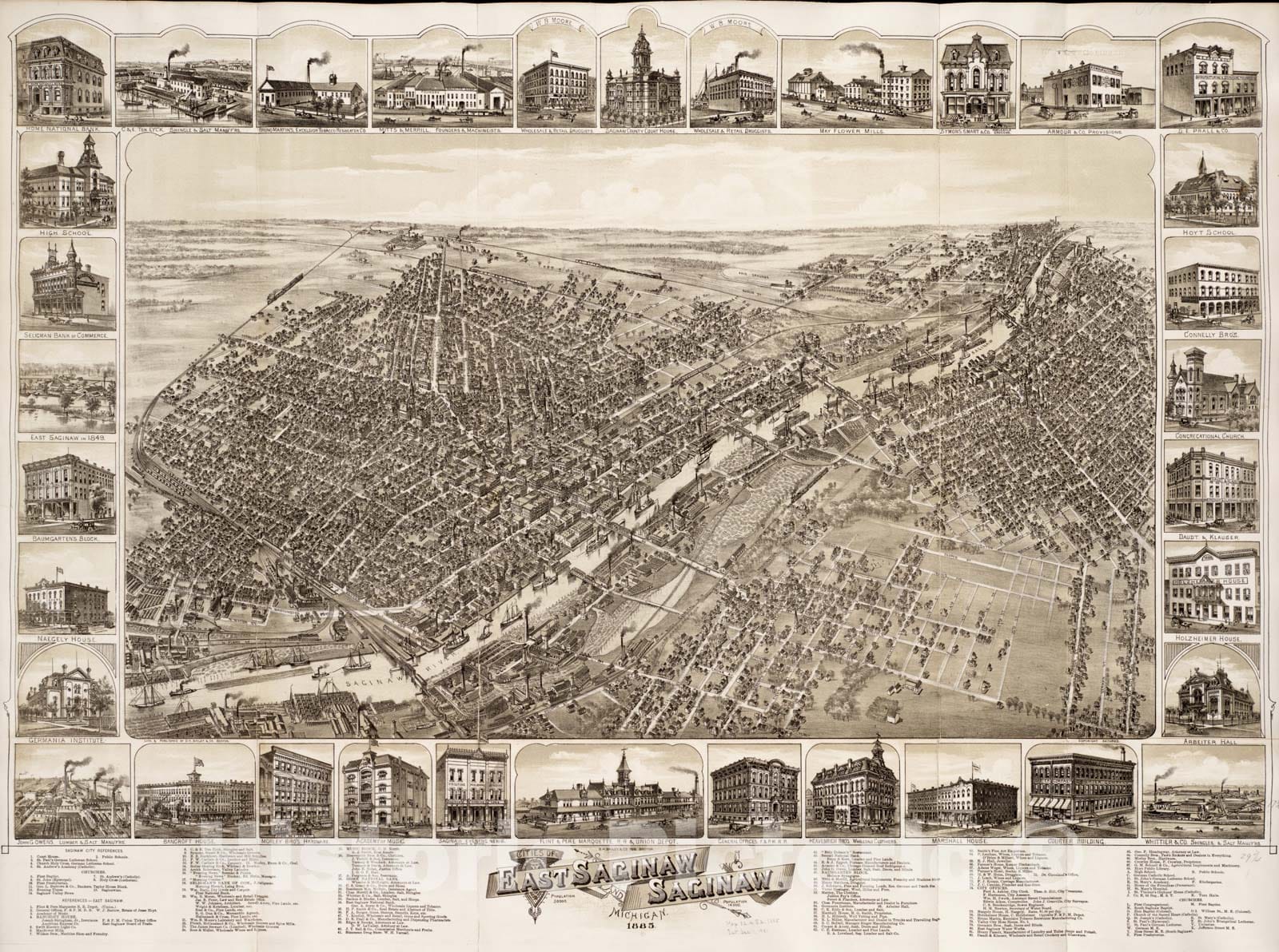 Historical Map, Cities of East Saginaw and Saginaw, Michigan, 1885, Vintage Wall Art