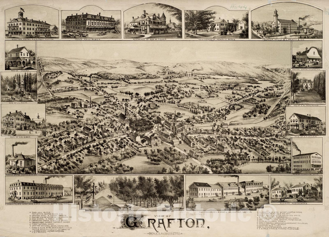 Historical Map, View of Grafton, Massachusetts : 1887, Vintage Wall Art