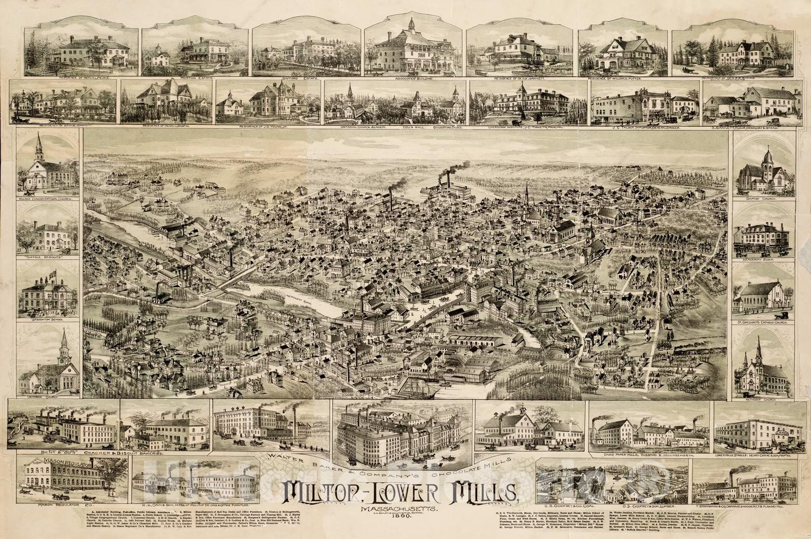 Historical Map, Milton, Lower Mills, Massachusetts : 1890, Vintage Wall Art