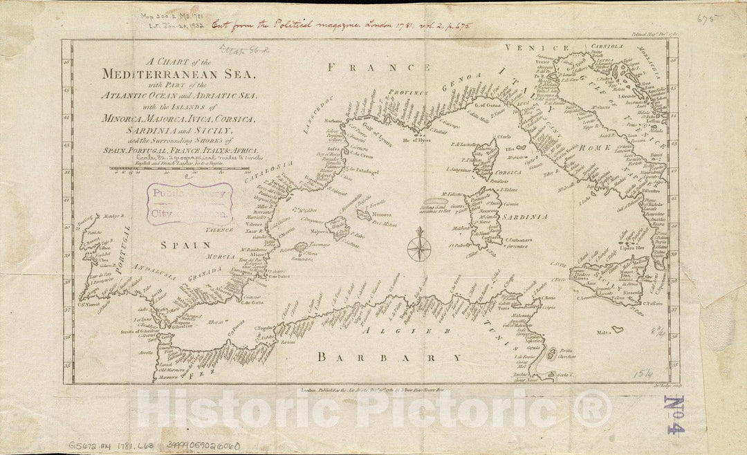 Historical Map, 1781 The Mediterranean Sea, with pof The Atlantic Ocean and Adriatic Sea, with The Islands of Minorca, Majorca, Ivica, Corsica, Sardinia, Vintage Wall Art