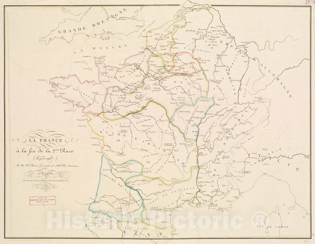 Historical Map, 1820 La France a la fin de la 2eme. Race (843-987), Vintage Wall Art