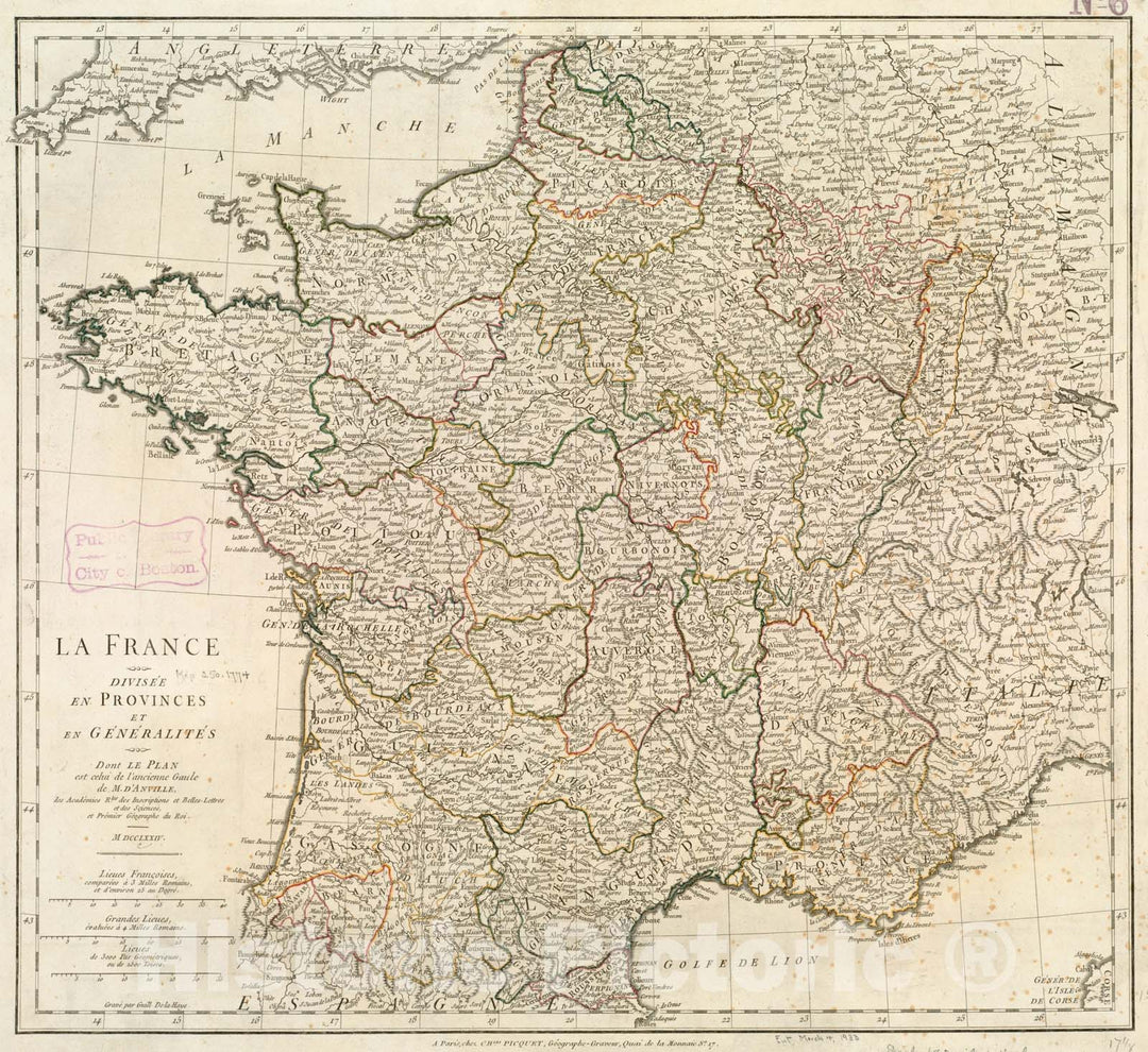 Historical Map, 1774 La France divisee en provinces et en generalites : dont le Plan est celui de l'ancienne Gaule, Vintage Wall Art