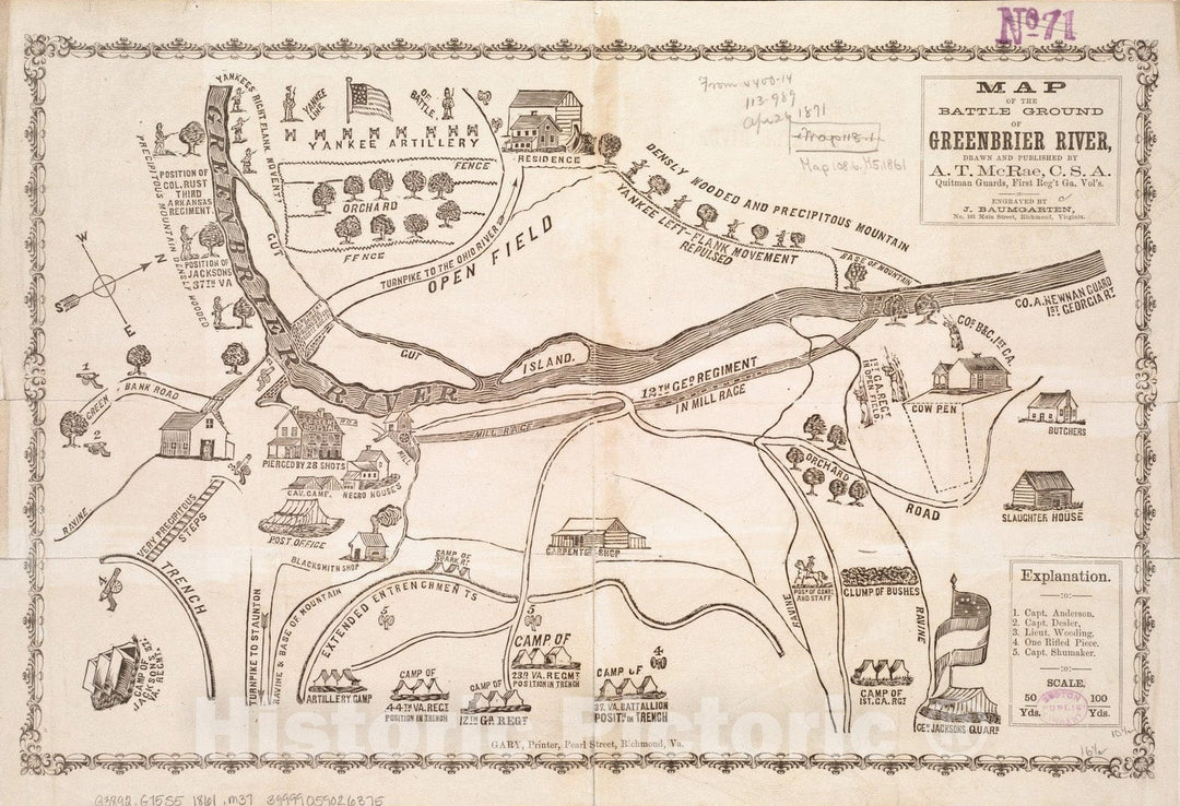 Historical Map, 1861 Map of the battle ground of Greenbrier River, Vintage Wall Art