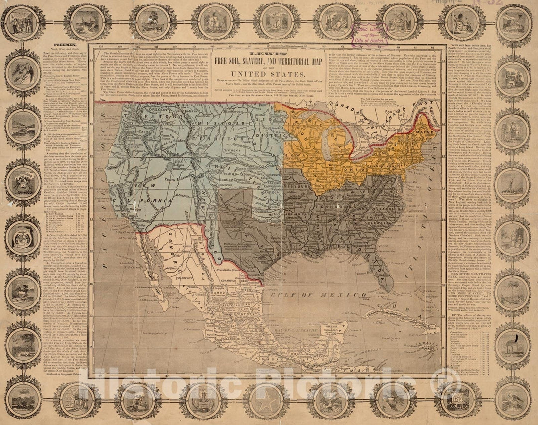 Historical Map, 1848 Lewis' Free Soil, Slavery, and territorial map of The United States, Vintage Wall Art