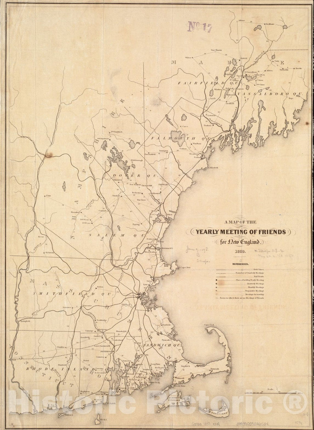 Historical Map, A map of The Yearly Meeting of Friends for New England : 1850, Vintage Wall Art