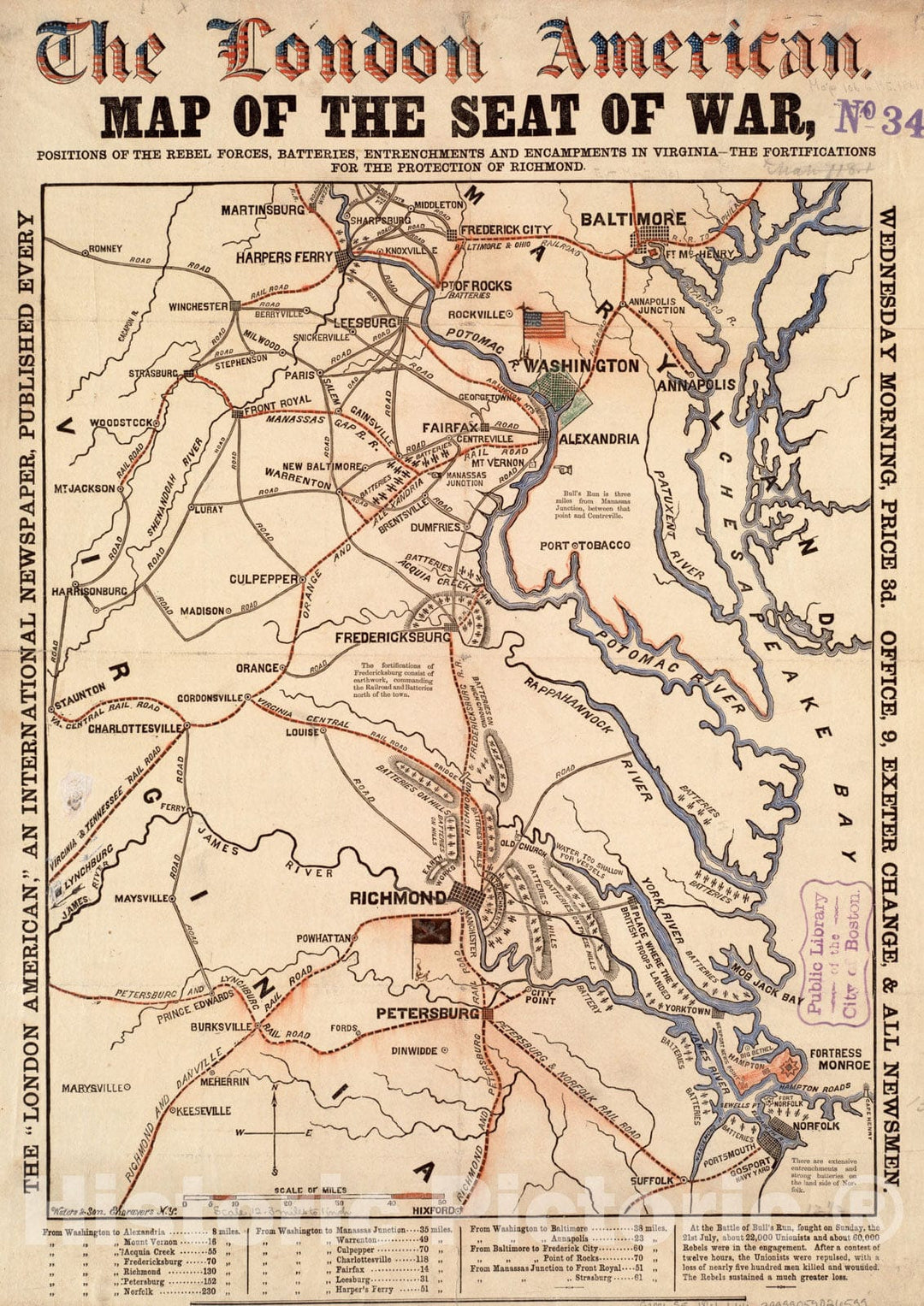 Historical Map, 1861 Map of The seat of war, Positions of The Rebel Forces, Batteries, entrenchments, and encampments in Virginia for The Protection of Richmond, Vintage Wall Art