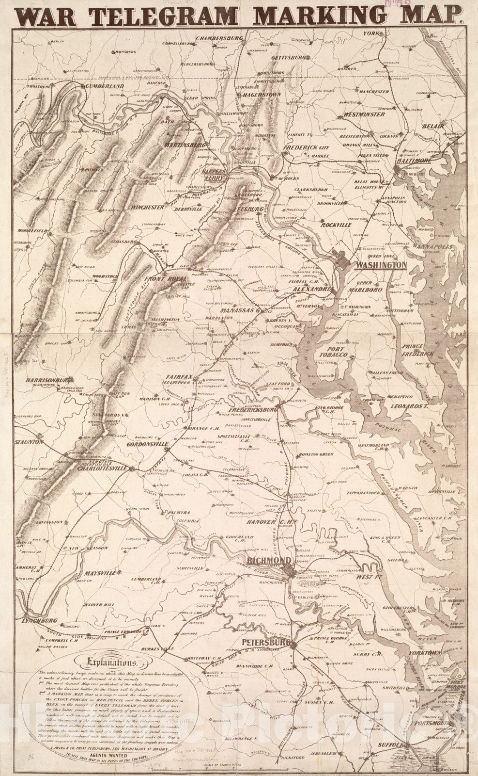 Historical Map, ca. 1862 War telegram marking Historical Map, Vintage Wall Art