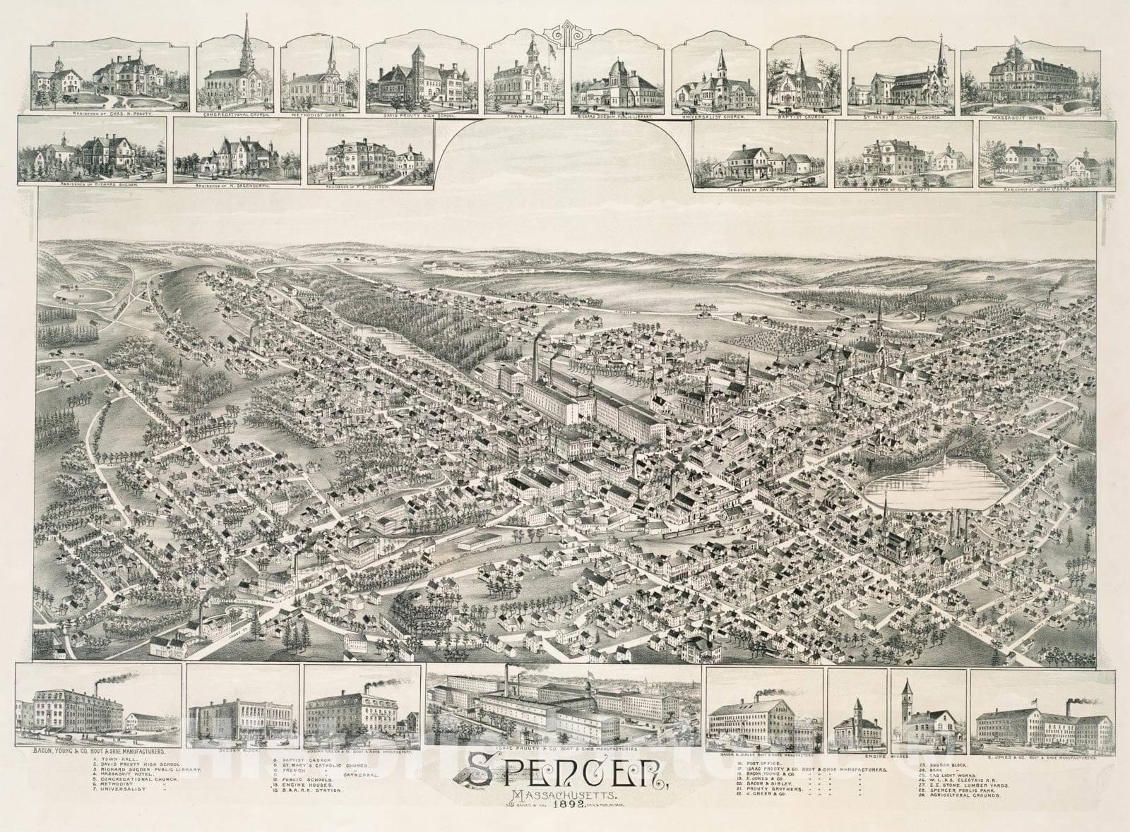 Historical Map, Spencer, Massachusetts, 1892, Vintage Wall Art