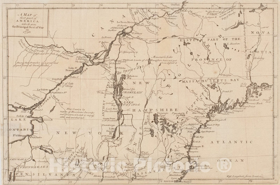 Historical Map, A Map of That Part of America which was The Principal seat of war in 1756, Vintage Wall Art