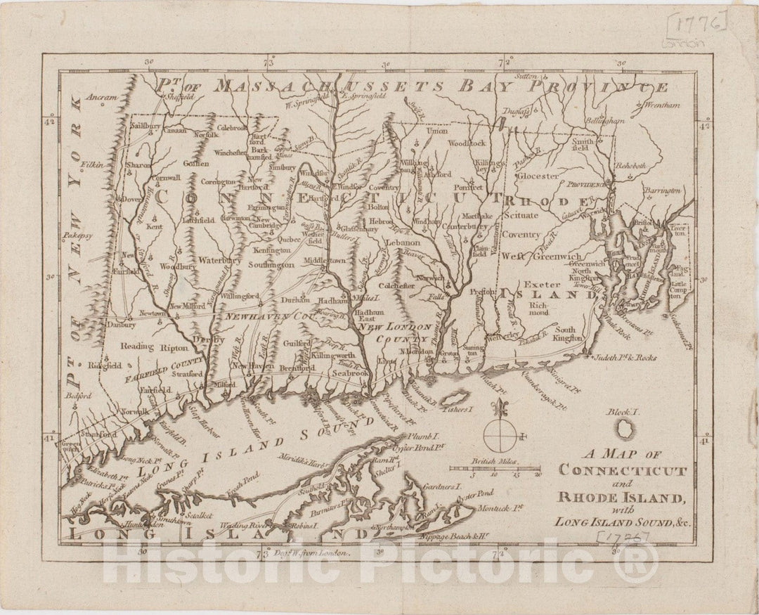 Historical Map, 1776 A Map of Connecticut and Rhode Island, with Long Island Sound, et Cetera, Vintage Wall Art