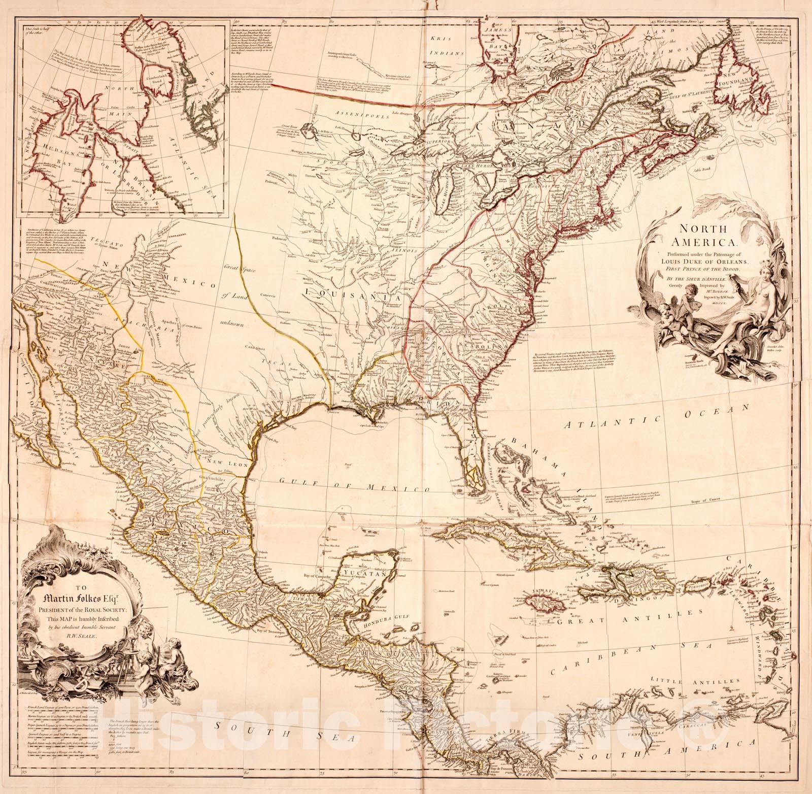 Historical Map, 1750 North America. : Performed Under The Patronage of Louis Duke of Orleans, First Prince of The Blood, Vintage Wall Art