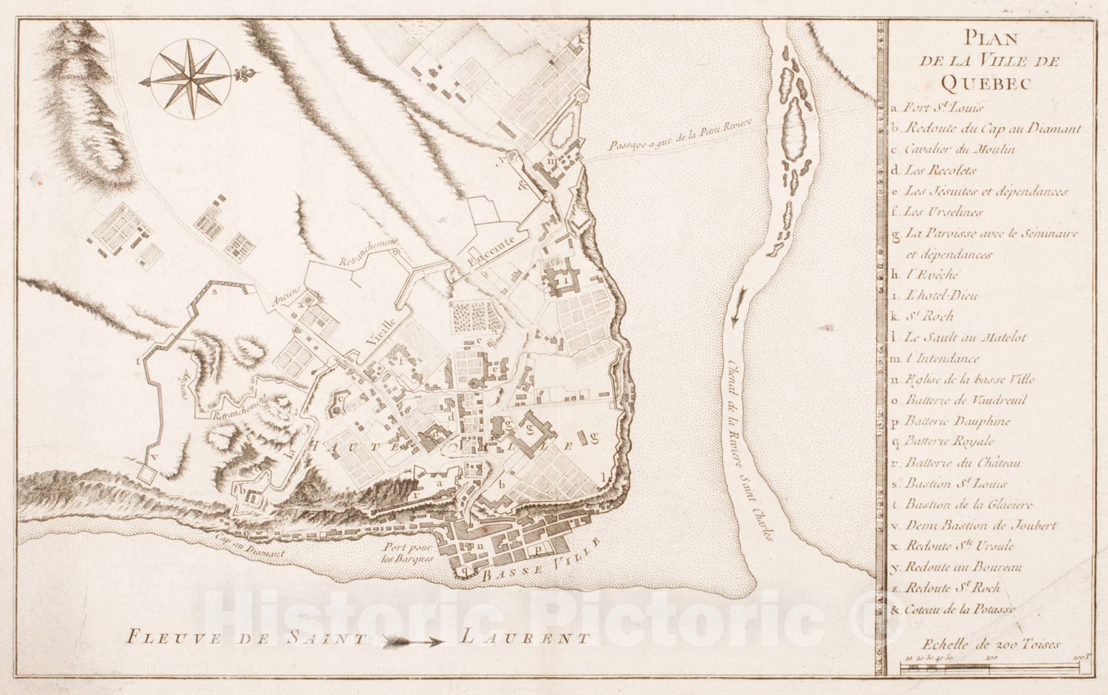 Historical Map, ca. 1764 Plan de la Ville de Quebec, Vintage Wall Art