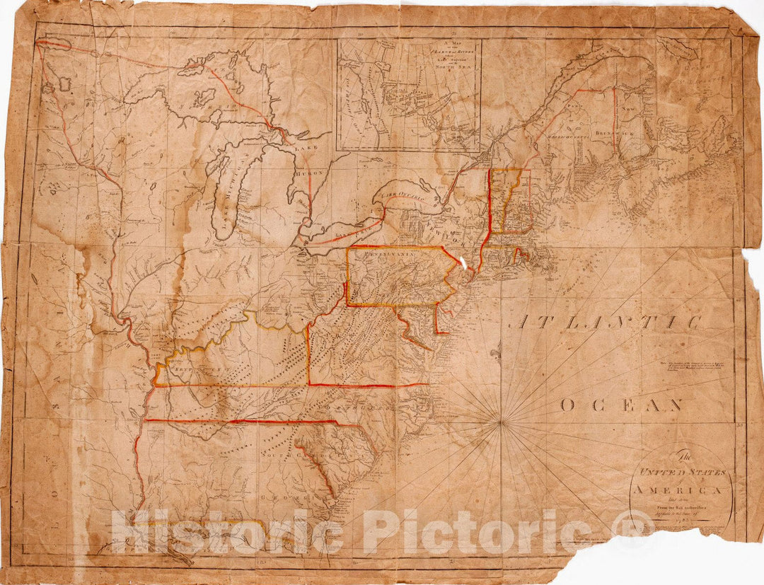 Historical Map, The United States of America : Laid Down from The Best Authorities Agreeable to The Peace of 1783. : This map and chis Neither a Plain, Mercators, Vintage Wall Art