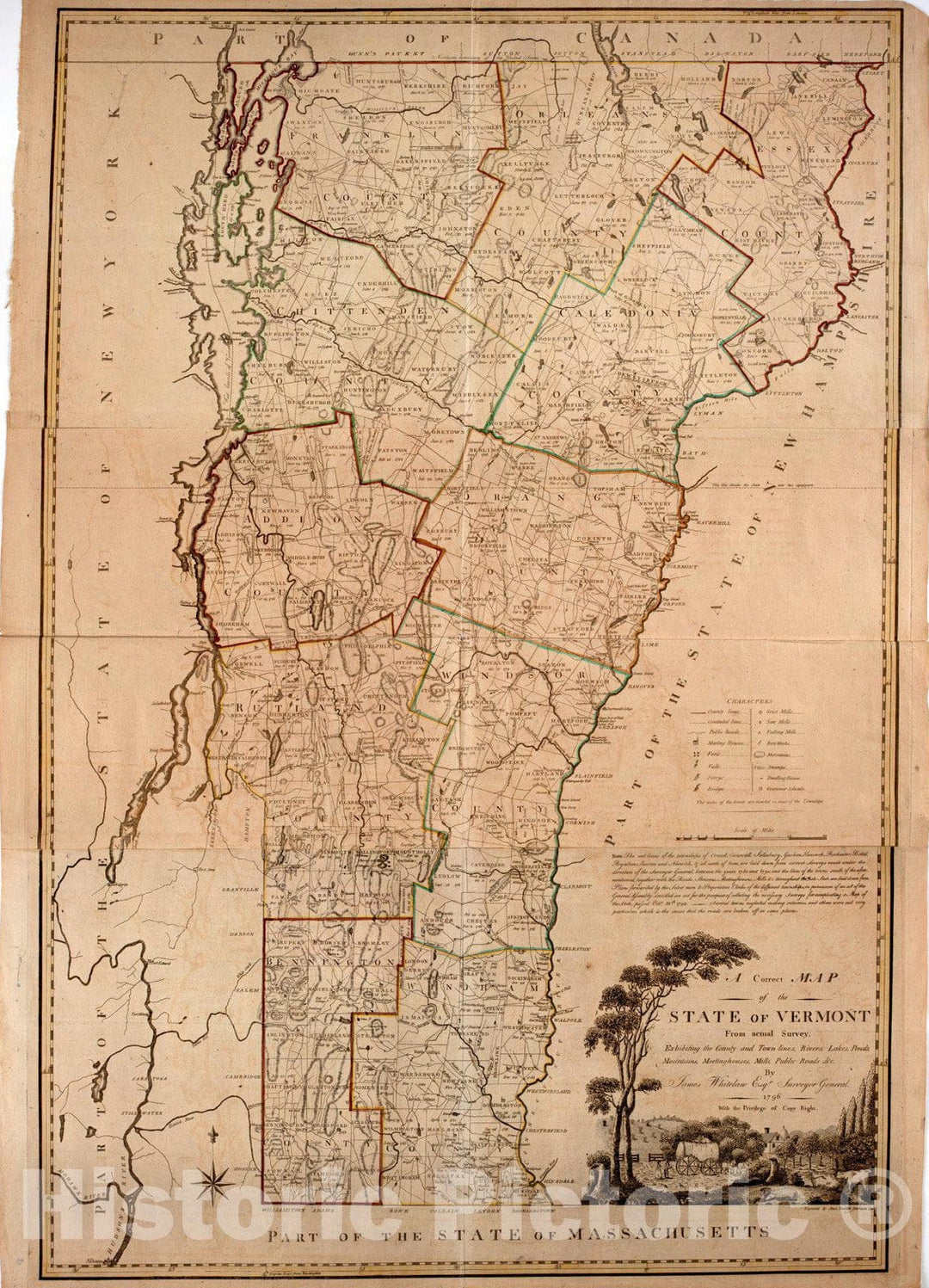 Historical Map, 1796 A Correct map of The State of Vermont from Actual Survey; : exhibiting The County andtown Lines, Rivers, Lakes, Ponds, Vintage Wall Art