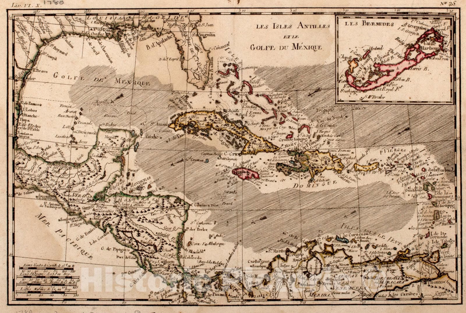 Historical Map, 1780 Les Isles Antilles et le Golfe du Mexique, Vintage Wall Art