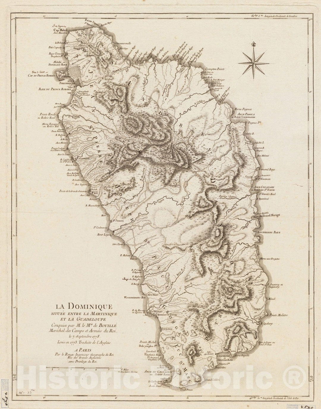 Historical Map, La Dominique situee Entre La Martinique et La Guadeloupe : conquise par M. le Mis. de Bouille Marechal des Camps et armees du Roi, le 7 Septembre 1778, Vintage Wall Art