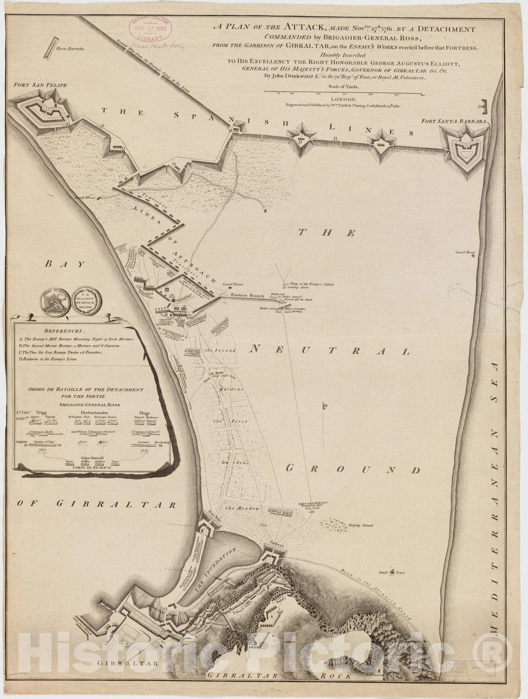 Historical Map, A Plan of The Attack Made Nov.BER 27t. 1781 : by a Detachment commanded by Brigadier-General Ross, from The Garrison of Gibraltar, on The enemy's Work, Vintage Wall Art