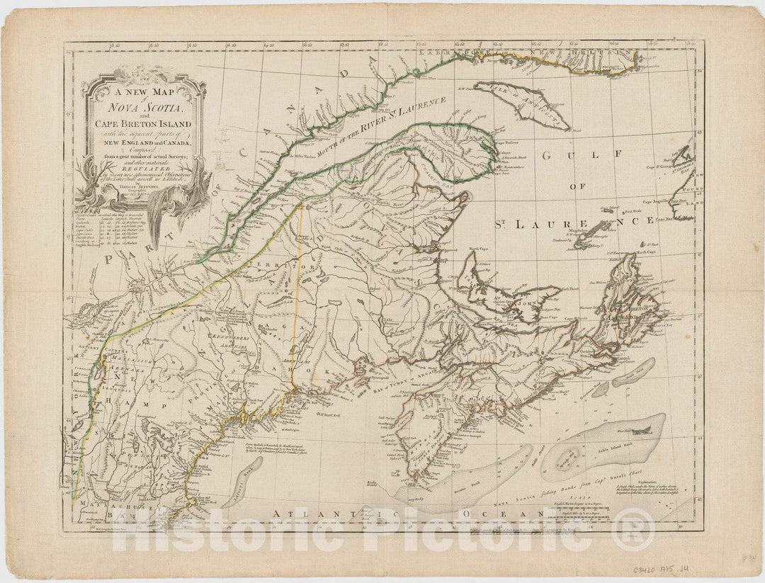 Historical Map, 1775 A New map of Nova Scotia and Cape Breton Island : with The Adjacent Parts of New England and Canada Composed from a Great Number of Actual surveys, Vintage Wall Art