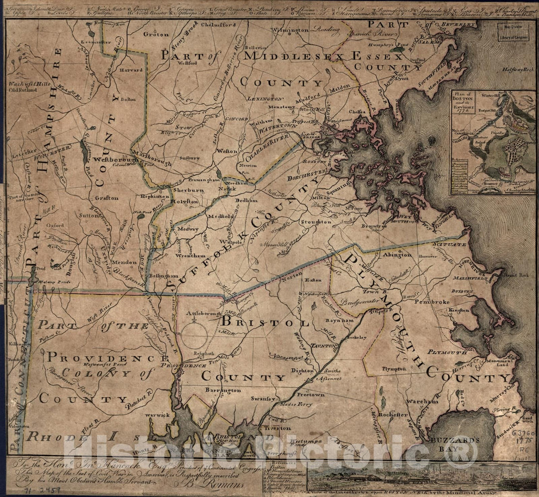 Historical Map, 1775 to The Hone. Jno. Hancock, Esqre. President of ye Continental Congress, This map of The seat of Civil war in America, Vintage Wall Art