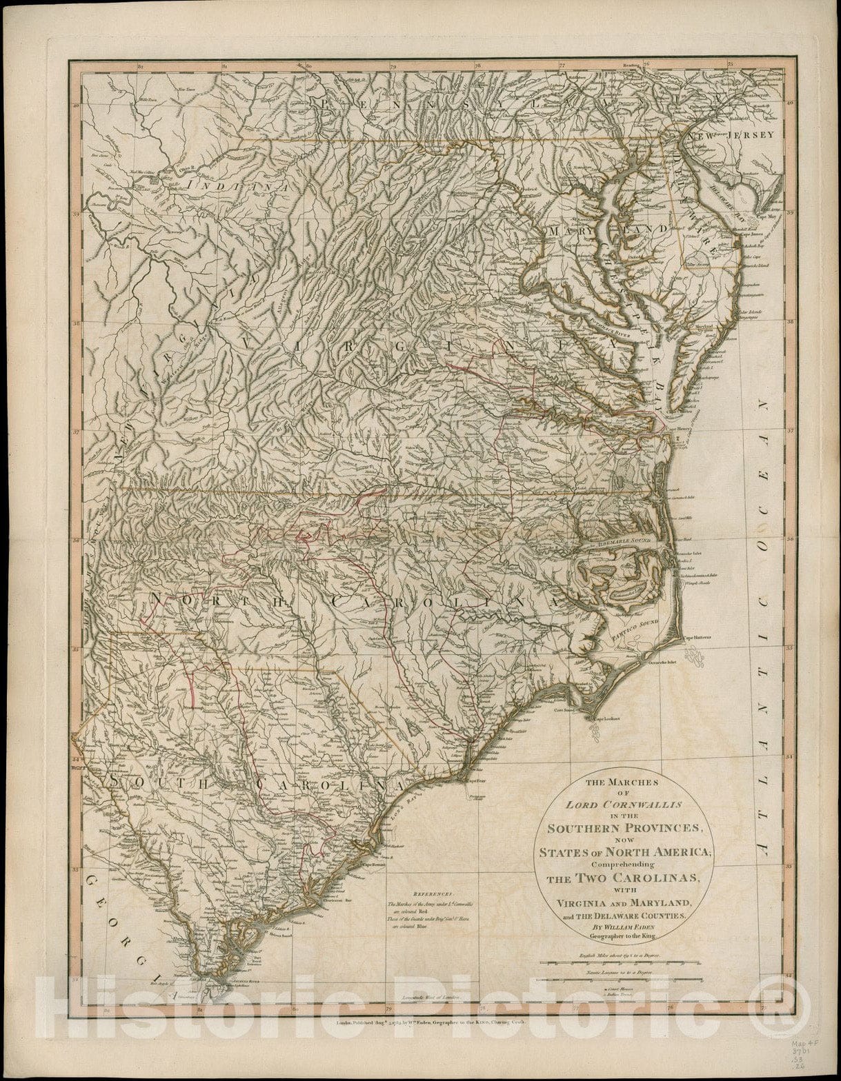 Historical Map, 1783 The marches of Lord Cornwallis in the Southern Provinces, now states of North America : comprehending the two Carolinas, with Virginia and Maryland, Vintage Wall Art