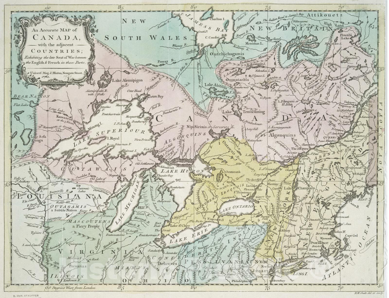 Historical Map, 1761 an Accurate map of Canada, with The Adjacent Countries : exhibiting The Late seat of war Between The English & French in Those Parts, Vintage Wall Art