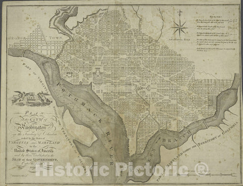 Historical Map, Plan of The City of Washington in The Territory of Columbia : ceded by The States of Virginia and Maryland to The United States of America, Vintage Wall Art