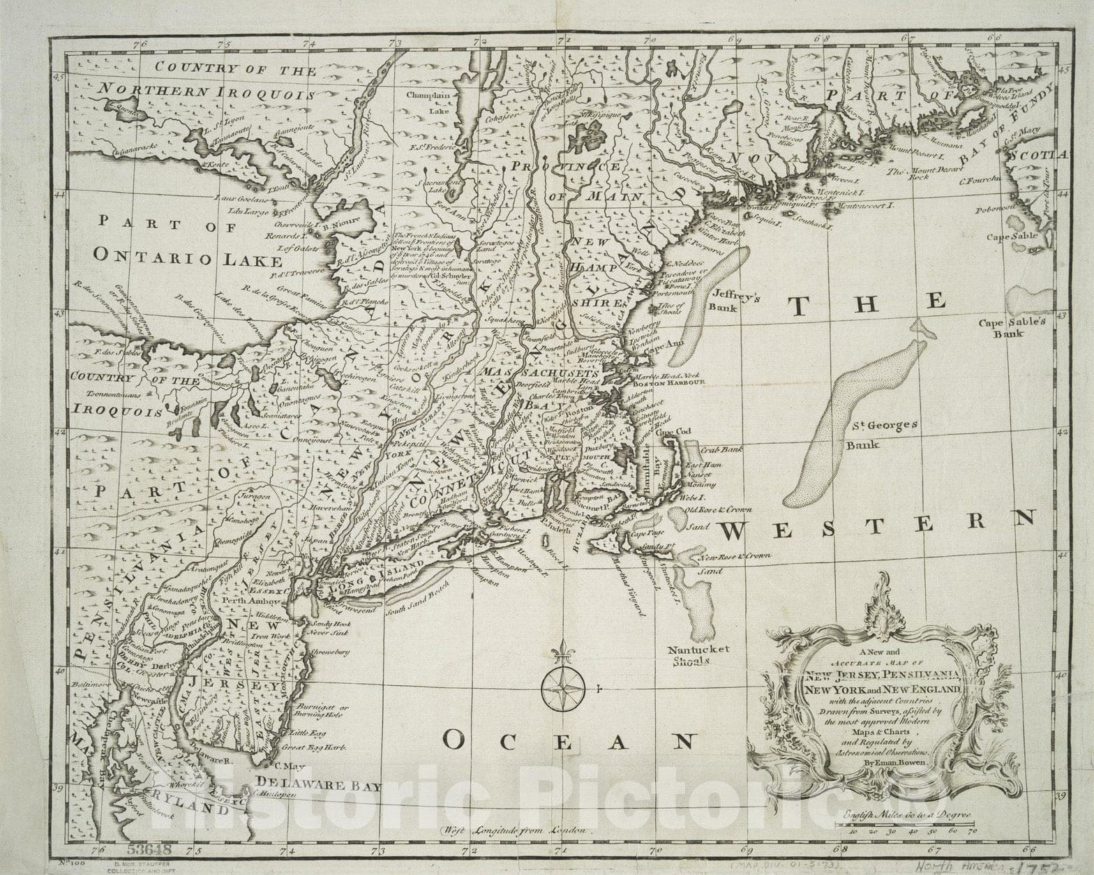 Historical Map, 1747 A New and Accurate map of New Jersey, Pensilvania, New York and New England : with The Adjacent Countries. Drawn from surveys, Vintage Wall Art