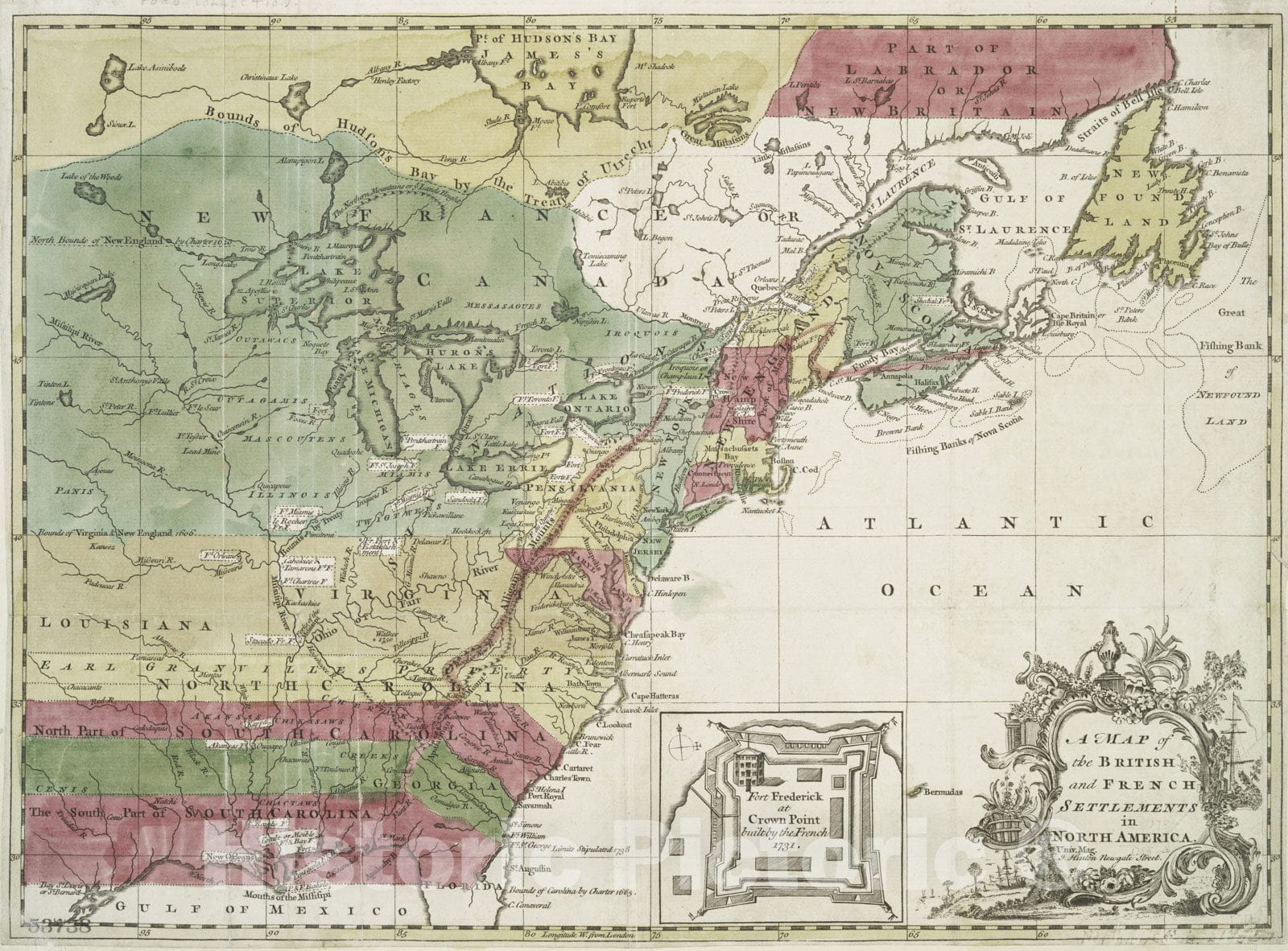 Historical Map, 1755 A Map of The British and French settlements in North America, Vintage Wall Art