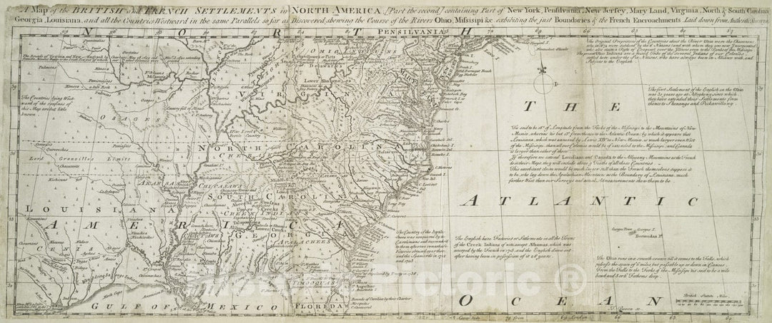 Historical Map, 1755 A Map of The British and French settlements in North America : (pthe Second) containing pof New York, Pensilvania, New Jersey, Mary Land, Vintage Wall Art