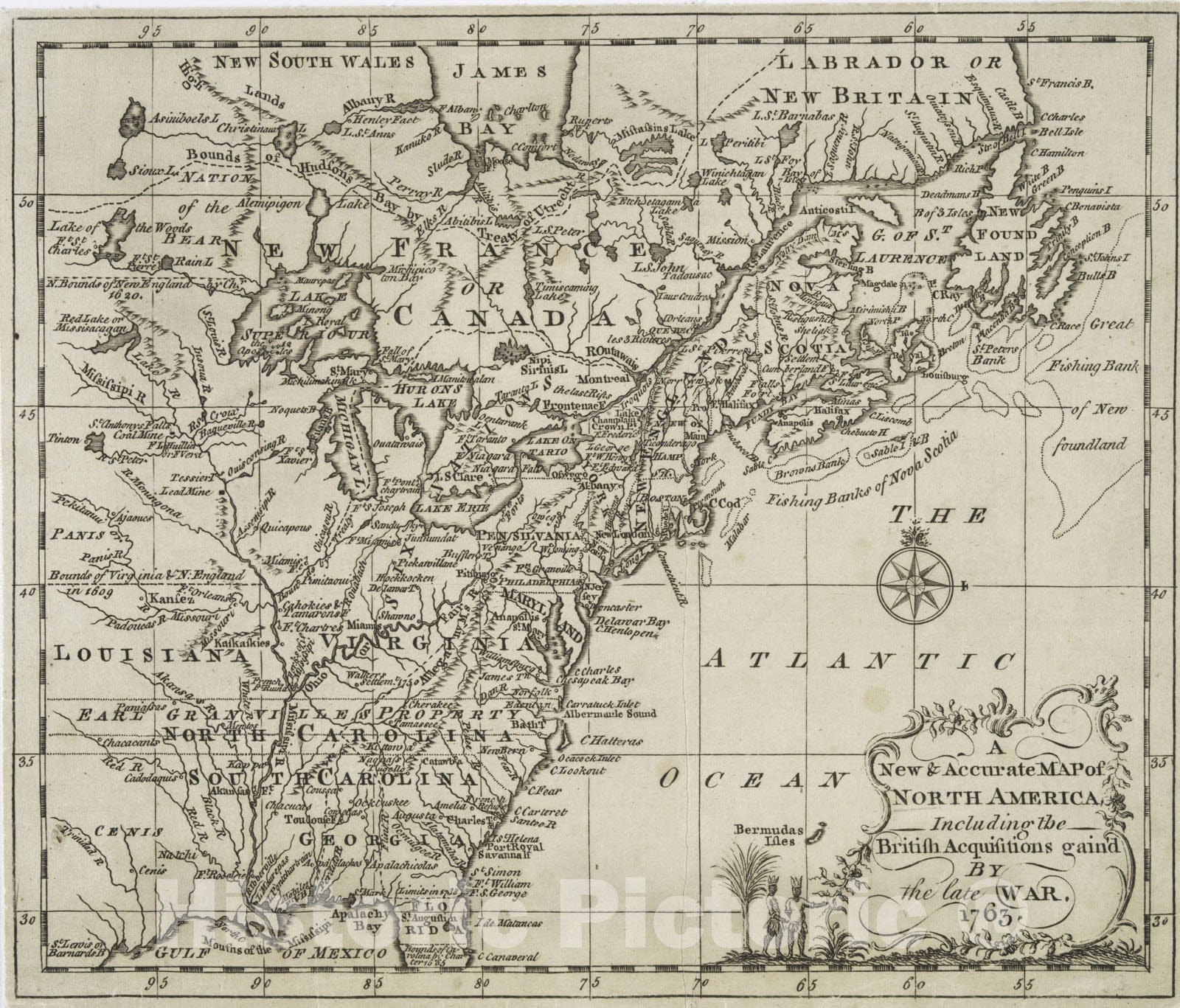 Historical Map, A New & Accurate map of North America : Including The British acquisitions gained by The Late war, 1763, Vintage Wall Art