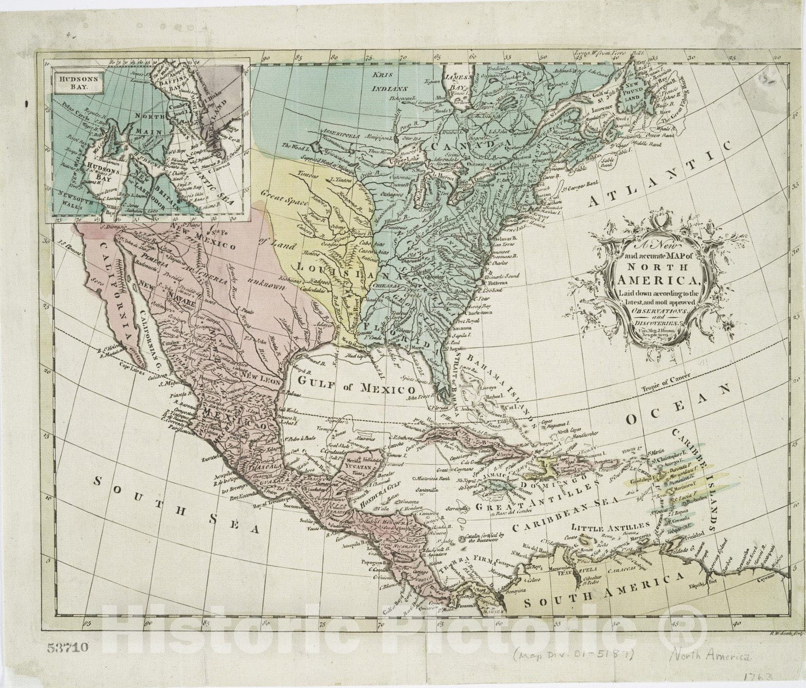 Historical Map, 1763 A New and Accurate map of North America : Laid Down According to The Latest, and Most Approved observations and Discoveries, Vintage Wall Art