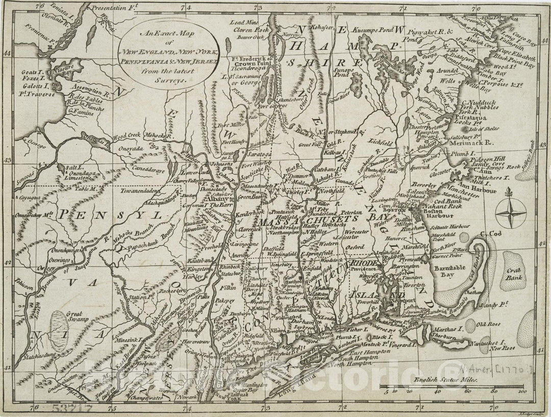 Historical Map, 1778 An exact map of New England, New York, Pensylvania & New Jersey, from the latest surveys, Vintage Wall Art