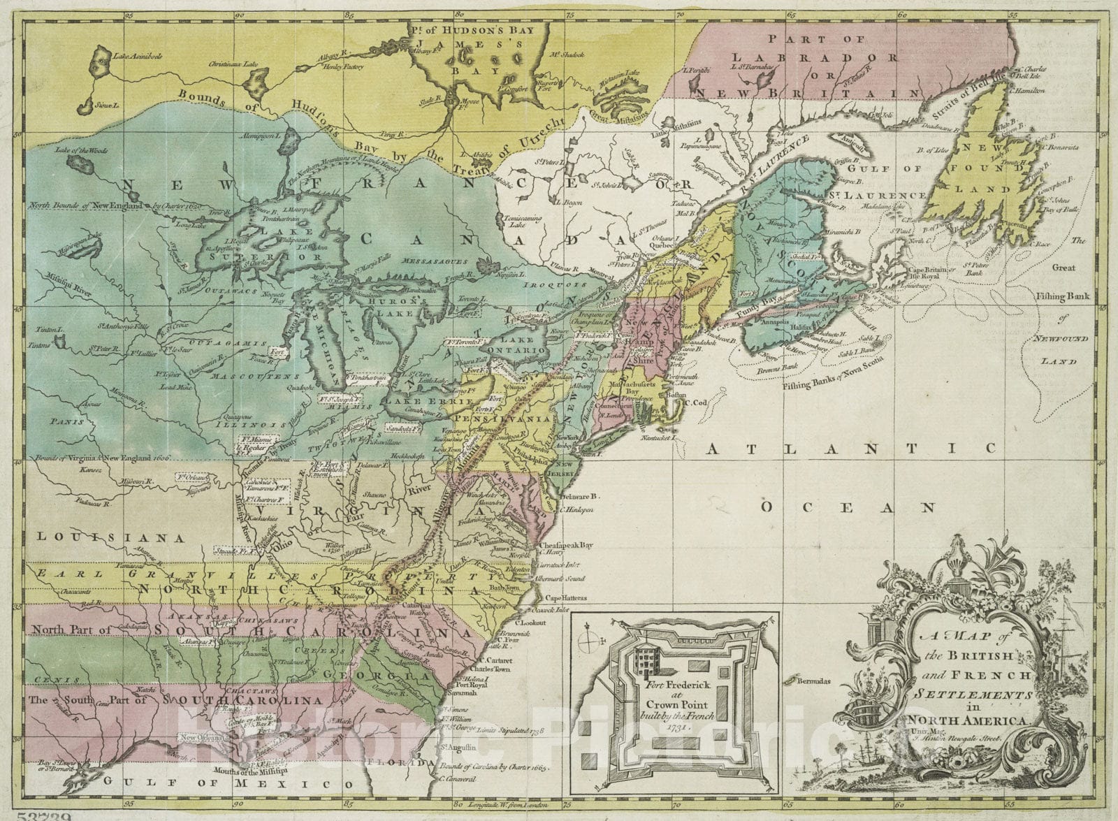 Historical Map, 1755 A Map of the British and French settlements in North America, Vintage Wall Art