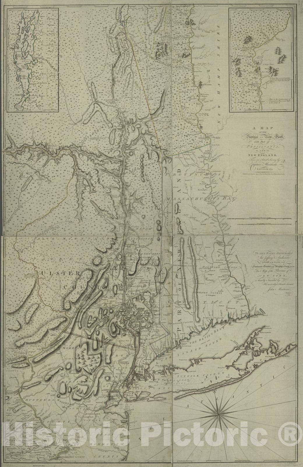 Historical Map, A map of The Province of New York, with Part of Pensilvania, and New England : from an Actual Survey by Captain Montresor, Engineer, 1775, Vintage Wall Art