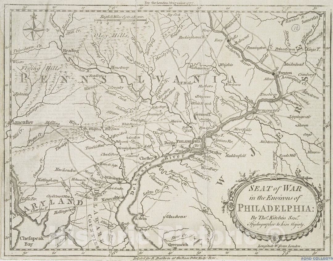 Historical Map, 1777 Seat of war in The Environs of Philadeliphia, Vintage Wall Art