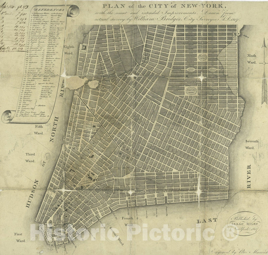 Historical Map, 1807 Plan of The City of New York : with The Recent and Intended improvements, Vintage Wall Art