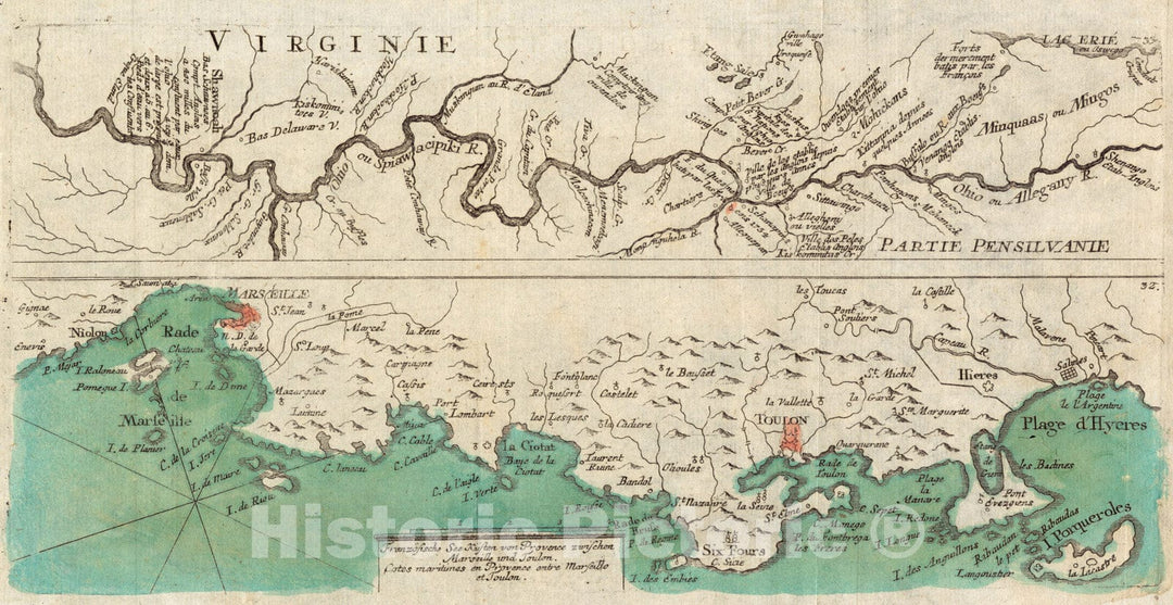 Historical Map, ca. 1760 [Map of the Allegheny and Ohio Rivers] ; Franzosische see kusten von Provence zwischen Marseille und Toulon, Vintage Wall Art