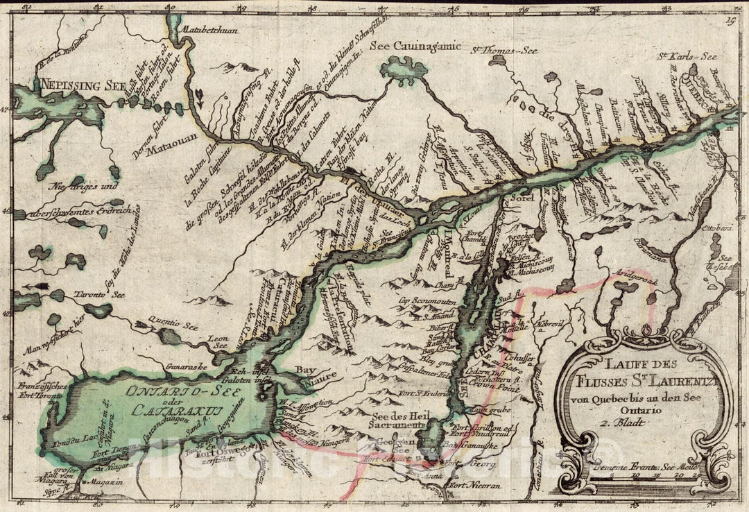 Historical Map, ca. 1760 Lauff des flusses St. Laurentzi von Quebec bis an den See Ontario : 2. bladt, Vintage Wall Art