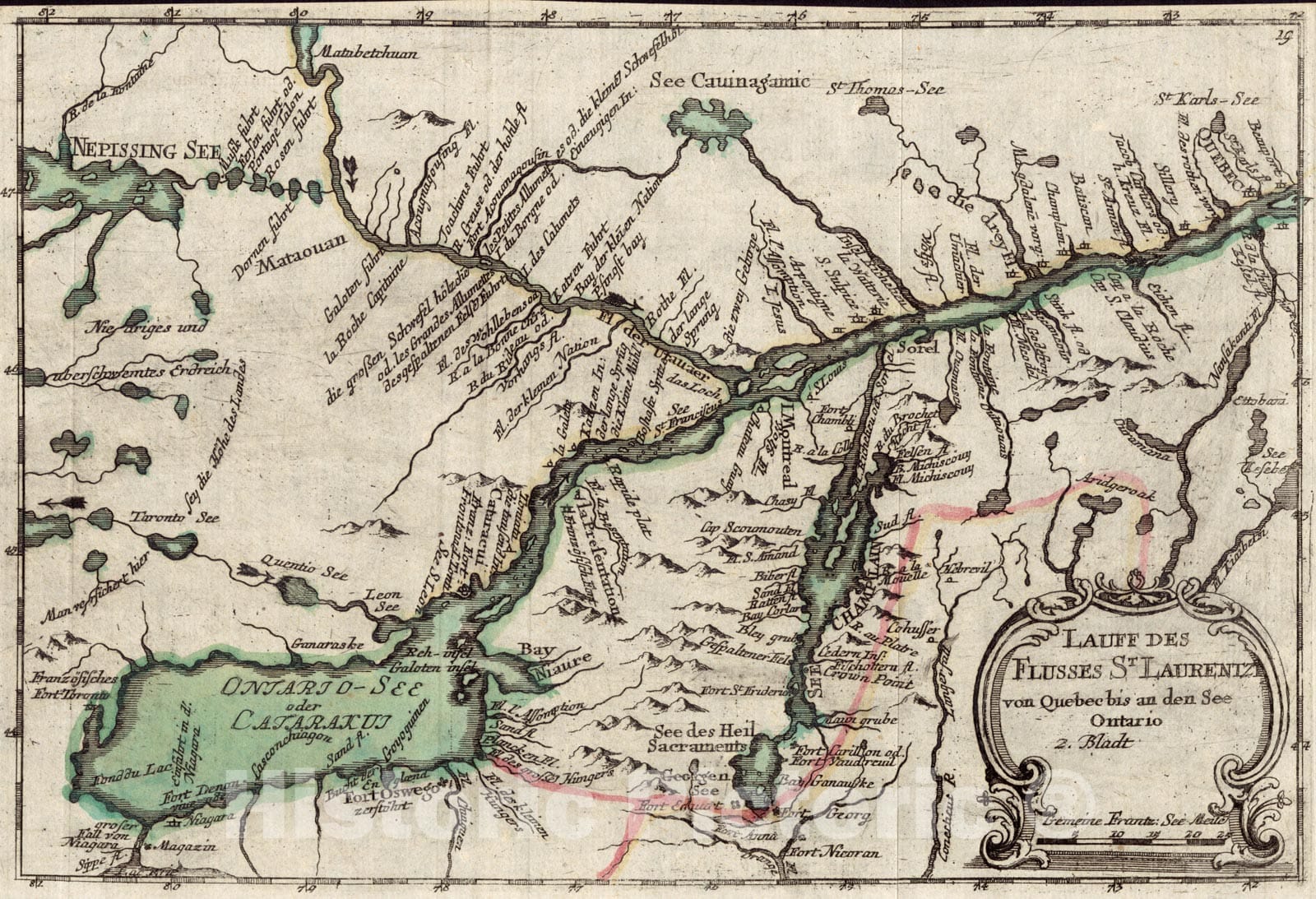 Historical Map, ca. 1760 Lauff des flusses St. Laurentzi von Quebec bis an den See Ontario : 2. bladt, Vintage Wall Art