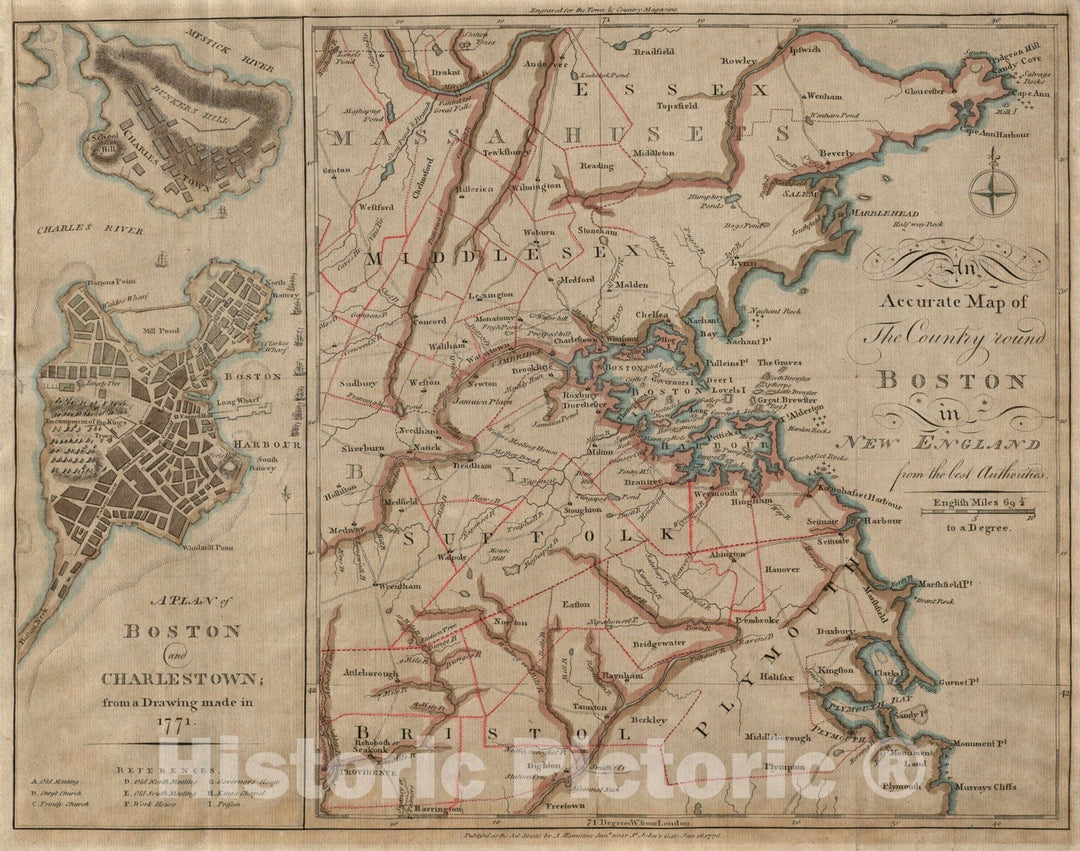 Historical Map, 1776 an Accurate map of The Country Round Boston in New England from The Best Authorities, Vintage Wall Art