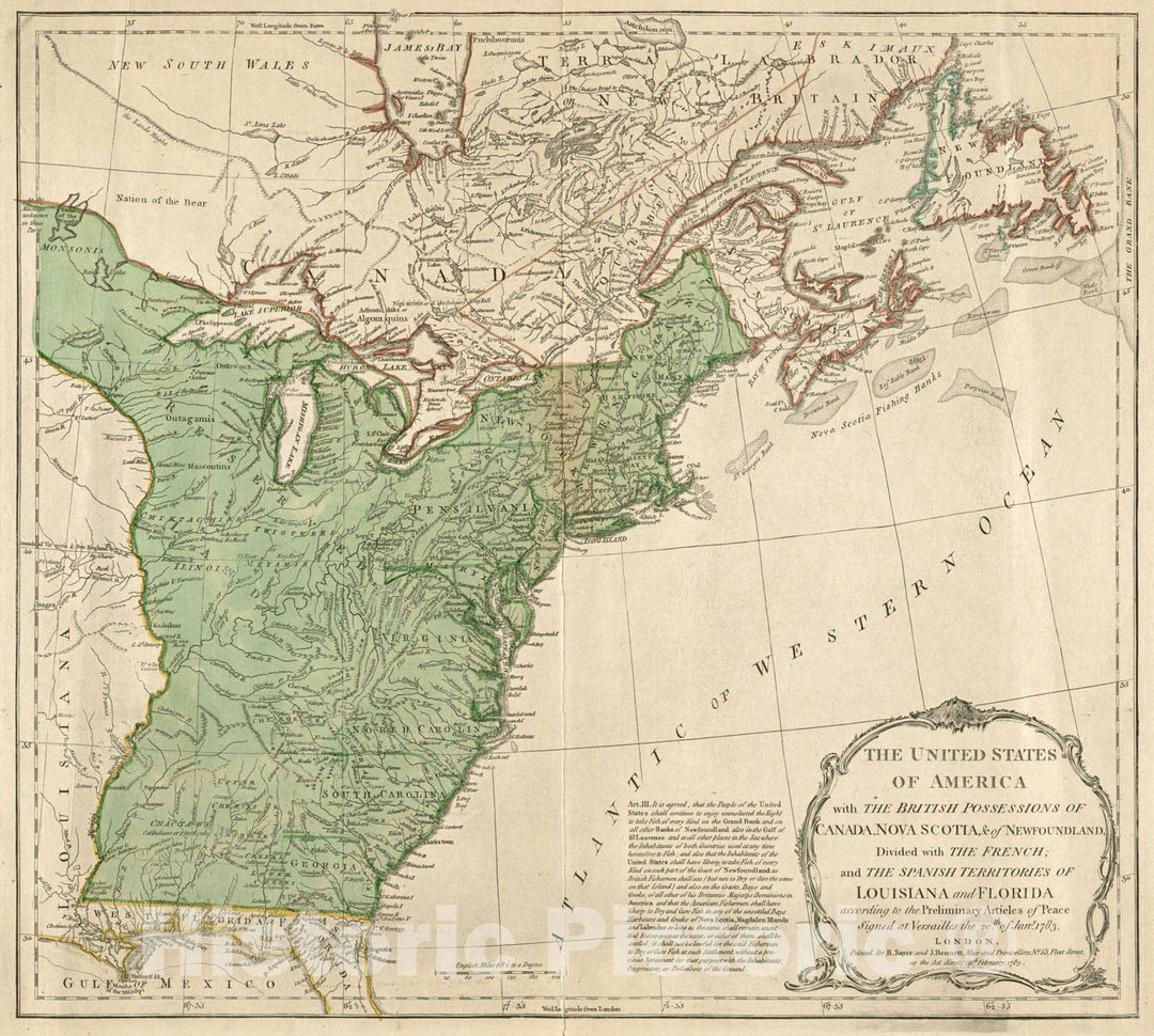 Historical Map, The United States of America with The British Possessions of Canada, Nova Scotia, of Newfoundland, Divided with The French, Vintage Wall Art