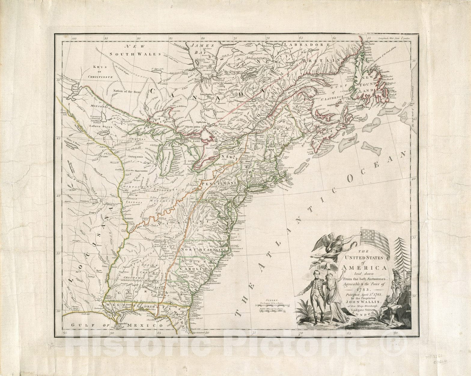 Historical Map, The United States of America Laid Down from The Best Authorities, Agreeable to The Peace of 1783, Vintage Wall Art