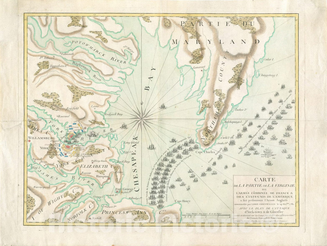 Historical Map, Carte de la Partie de la Virginie ou l'arme?e Combine?e de France & des E?Tats-UNIS de l'Ame?rique a fait prisonnie?re l'arme?e Anglaise commande?e, Vintage Wall Art