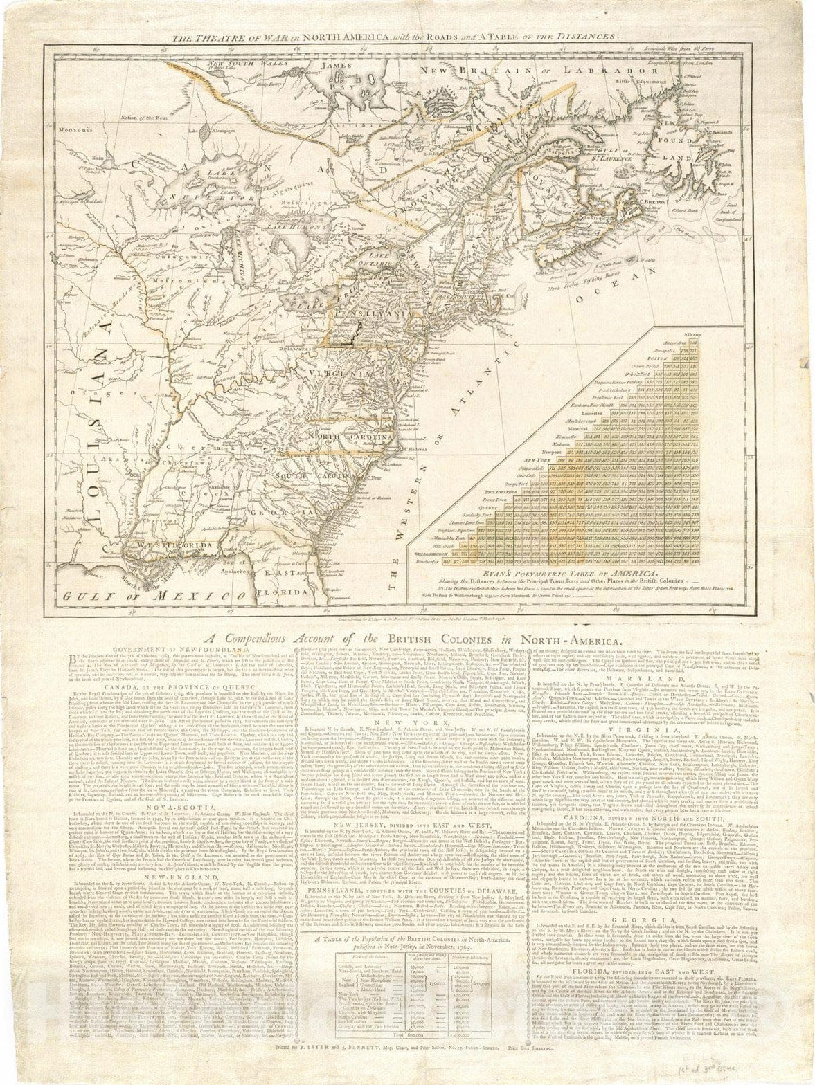 Historical Map, 1776 The Theatre of war in North America, with The Roads and a Table of The Distances, Vintage Wall Art