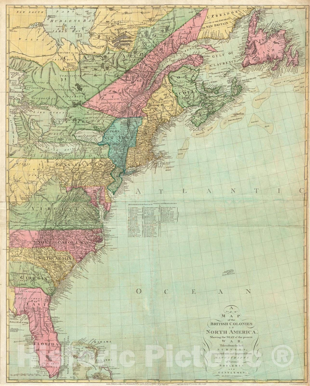 Historical Map, 1781 A New map of The British Colonies in North America, shewing The seat of The Present war, Taken from The Best surveys, Compared with and Improved, Vintage Wall Art