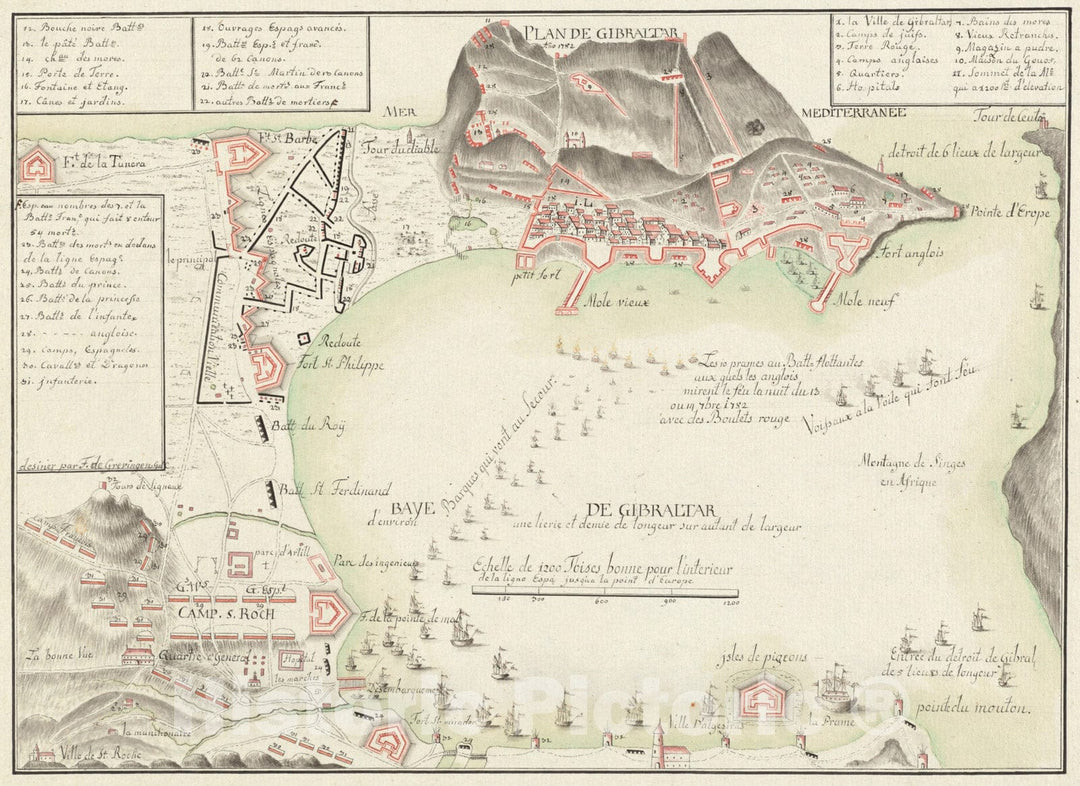 Historical Map, 1782 Plan de Gibraltar, Vintage Wall Art